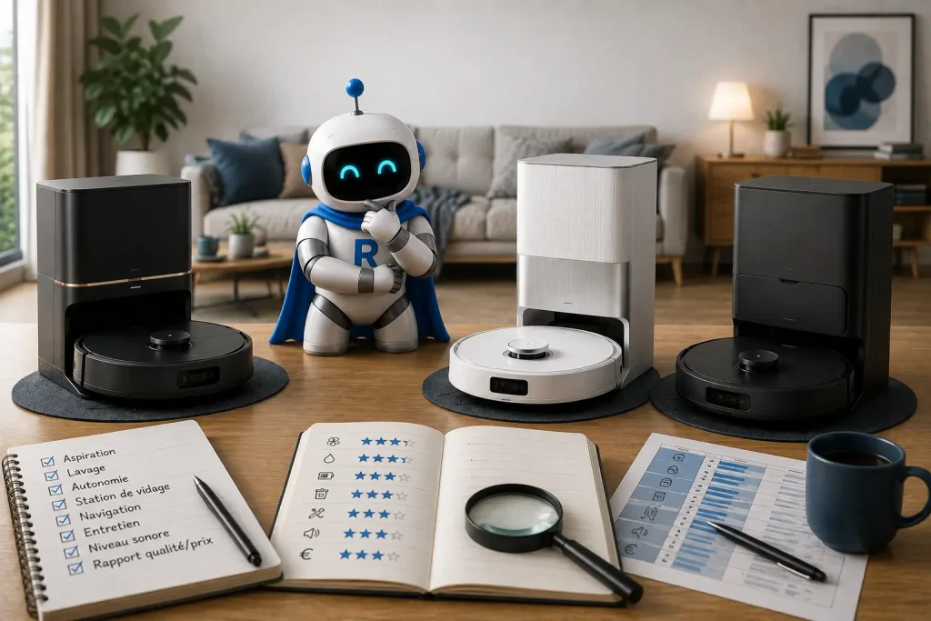 Comparatif de robots aspirateurs laveurs avec station de vidage, présenté avec plusieurs modèles génériques, la mascotte RoboPure et des critères d’évaluation pour aider au choix.