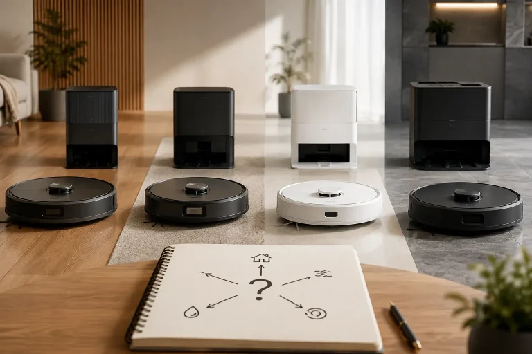 Plusieurs robots aspirateurs génériques et leurs stations, présentés sur différents types de sols dans un intérieur contemporain, avec au premier plan un carnet symbolisant le choix entre plusieurs gammes.
