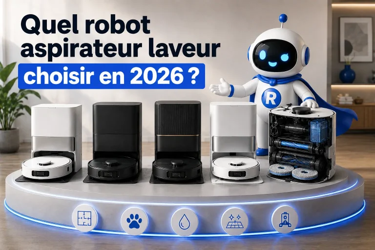 Mascotte RoboPure présentant sur une estrade plusieurs robots aspirateurs laveurs avec stations, pour illustrer le choix d’un modèle en 2026.