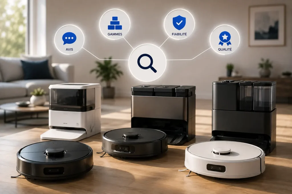 Plusieurs robots aspirateurs laveurs et leurs stations illustrant les différentes gammes, la qualité et la fiabilité d’une marque spécialisée.