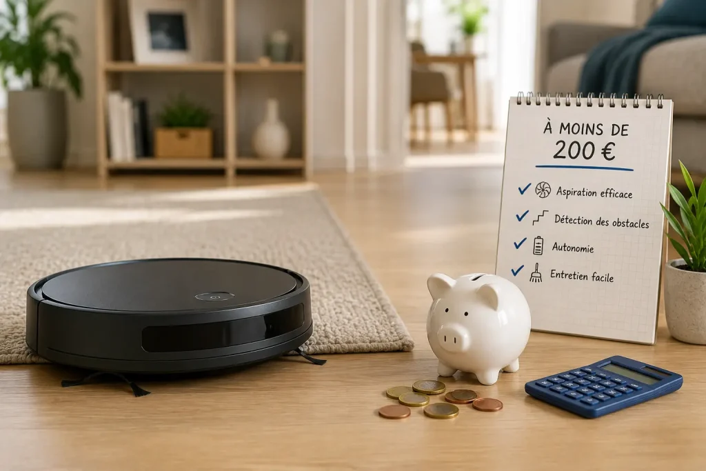 Robot aspirateur noir à petit prix dans un intérieur moderne, accompagné d’une tirelire et d’éléments évoquant le choix d’un modèle à moins de 200 €.