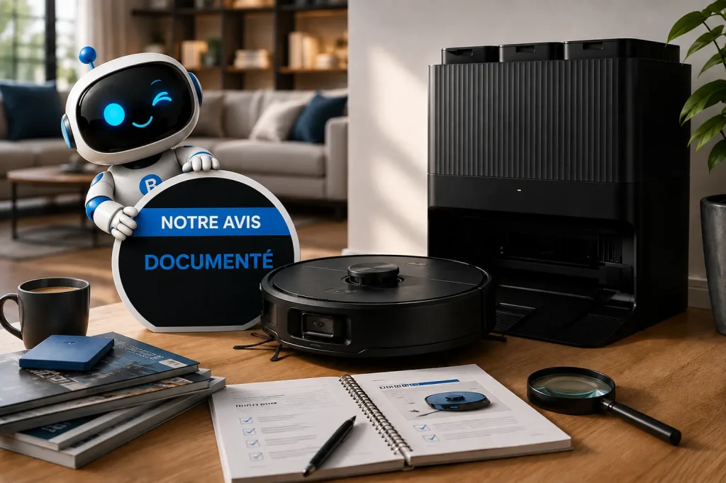 Robot aspirateur noir avec station automatique, accompagné de la mascotte RoboPure tenant un panneau « Notre avis documenté », dans une scène éditoriale dédiée à l’analyse du produit.