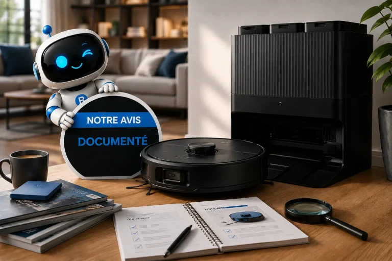 Robot aspirateur noir avec station automatique, accompagné de la mascotte RoboPure tenant un panneau « Notre avis documenté », dans une scène éditoriale dédiée à l’analyse du produit.
