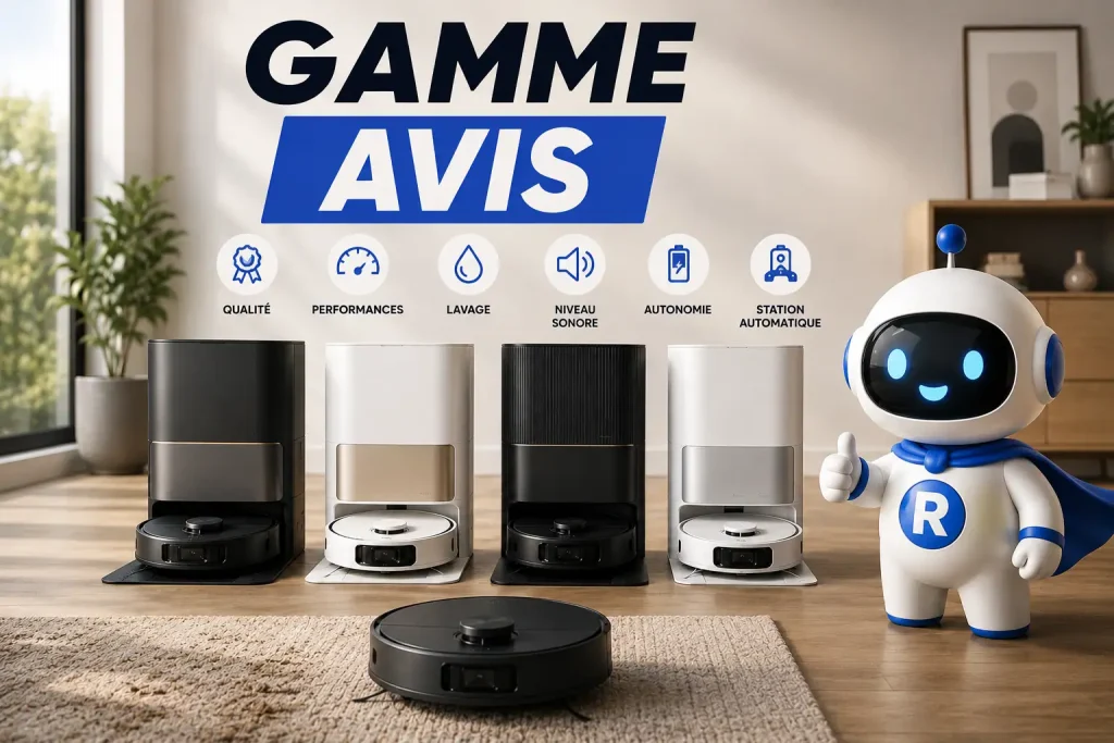 Gamme de robots aspirateurs avec stations automatiques et mascotte RoboPure, illustrant un avis sur la qualité et les performances de la gamme.