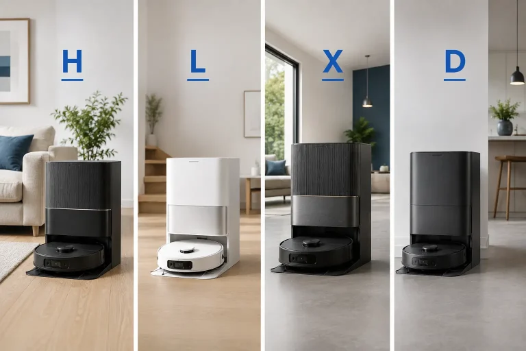 Comparatif visuel de quatre gammes de robots aspirateurs avec stations, identifiées par les lettres H, L, X et D, dans des intérieurs modernes et lumineux.