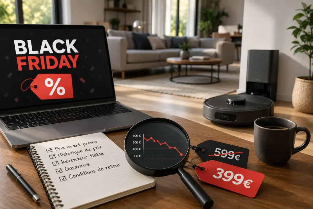 Robot aspirateur près de sa station dans un intérieur contemporain, avec ordinateur affichant le Black Friday, étiquettes promotionnelles et loupe sur un historique de prix pour évoquer la vérification des bonnes affaires.