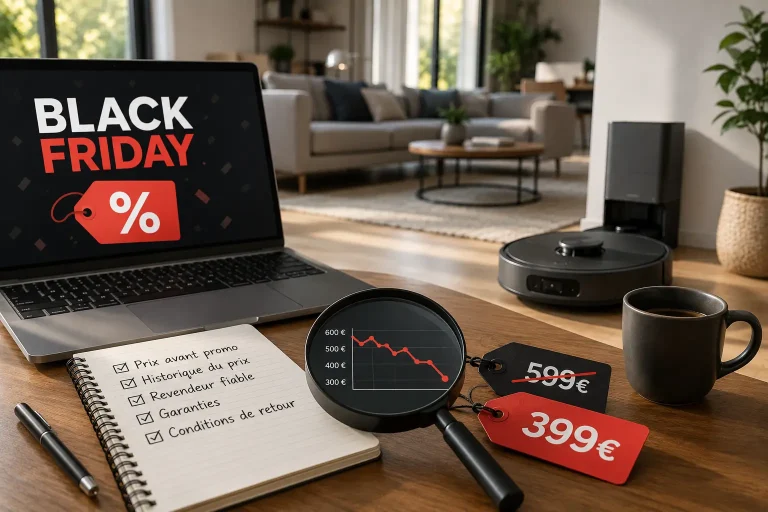 Robot aspirateur près de sa station dans un intérieur contemporain, avec ordinateur affichant le Black Friday, étiquettes promotionnelles et loupe sur un historique de prix pour évoquer la vérification des bonnes affaires.