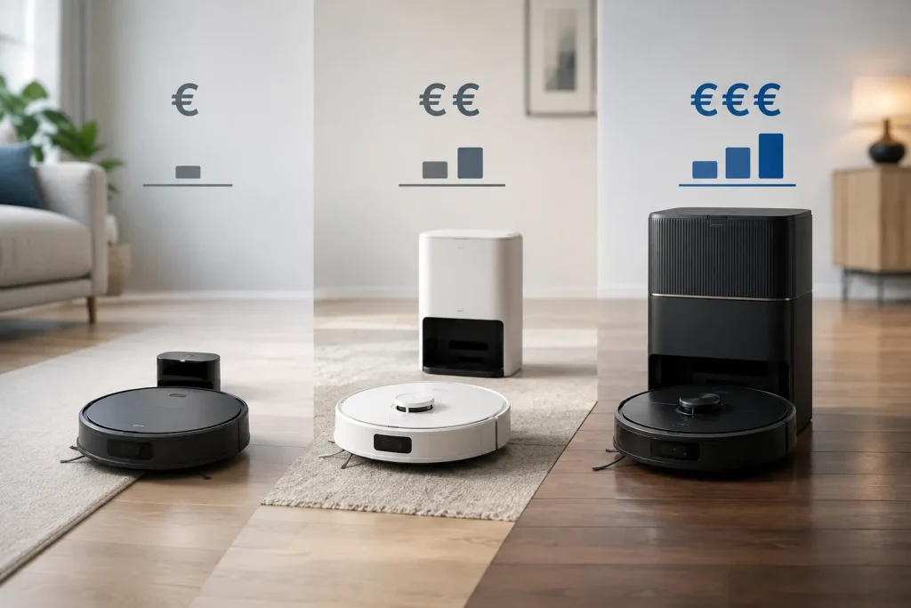Trois robots aspirateurs génériques illustrant trois niveaux de budget, du modèle essentiel au modèle premium avec station automatique, accompagnés de piles croissantes dans un intérieur moderne.