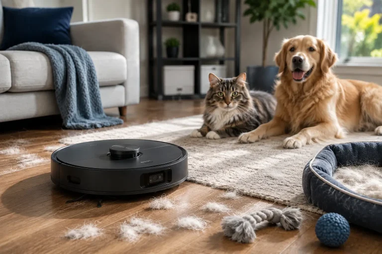 Robot aspirateur nettoyant des poils de chien et de chat sur parquet et tapis, dans un intérieur contemporain avec un chien et un chat à proximité.
