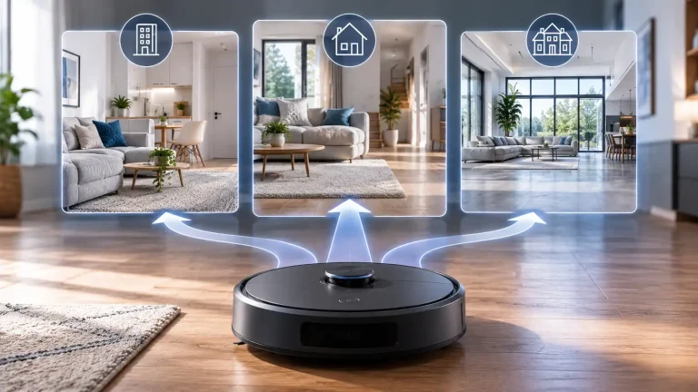Robot aspirateur générique face à trois choix de logements, représentés par un appartement compact, une maison familiale et un grand espace ouvert.