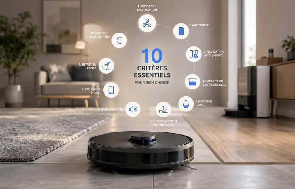 Robot aspirateur générique premium au croisement de plusieurs types de sols dans un intérieur contemporain, illustrant visuellement les principaux critères à considérer pour choisir un robot aspirateur