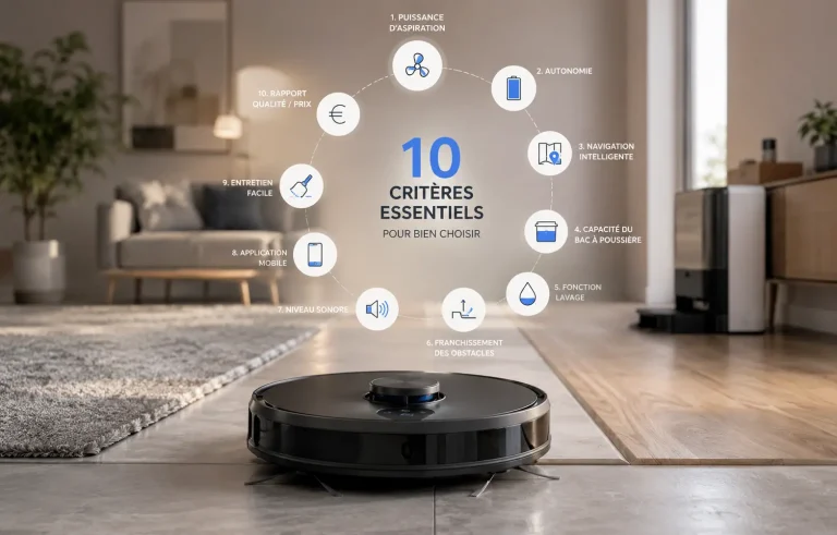 Robot aspirateur générique premium au croisement de plusieurs types de sols dans un intérieur contemporain, illustrant visuellement les principaux critères à considérer pour choisir un robot aspirateur