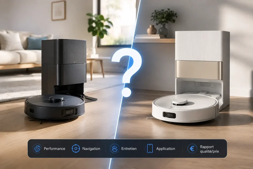 Comparatif visuel de deux robots aspirateurs laveurs génériques avec leurs stations, présentés dans deux univers domestiques opposés pour illustrer le choix entre Roborock et Dreame selon le logement.