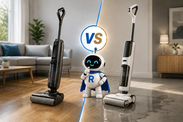 Comparatif de deux aspirateurs laveurs sans fil avec la mascotte RoboPure et un visuel VS dans un intérieur moderne.