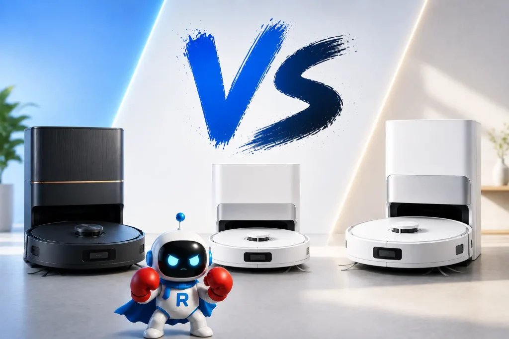 Comparatif 2026 de trois marques de robots aspirateurs, représentées par trois appareils génériques en confrontation VS avec la mascotte RoboPure équipée de gants de boxe rouges.