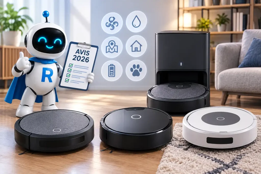 Comparatif 2026 de plusieurs modèles de robots aspirateurs génériques avec station automatique et mascotte RoboPure.
