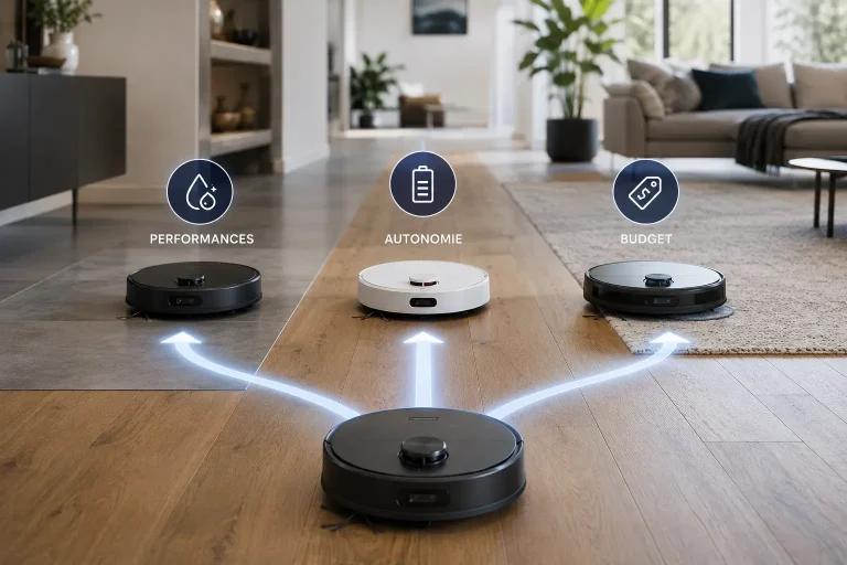 Robot aspirateur laveur dans un intérieur moderne, face à plusieurs options symbolisant les critères de choix comme les performances, l’autonomie et le budget.