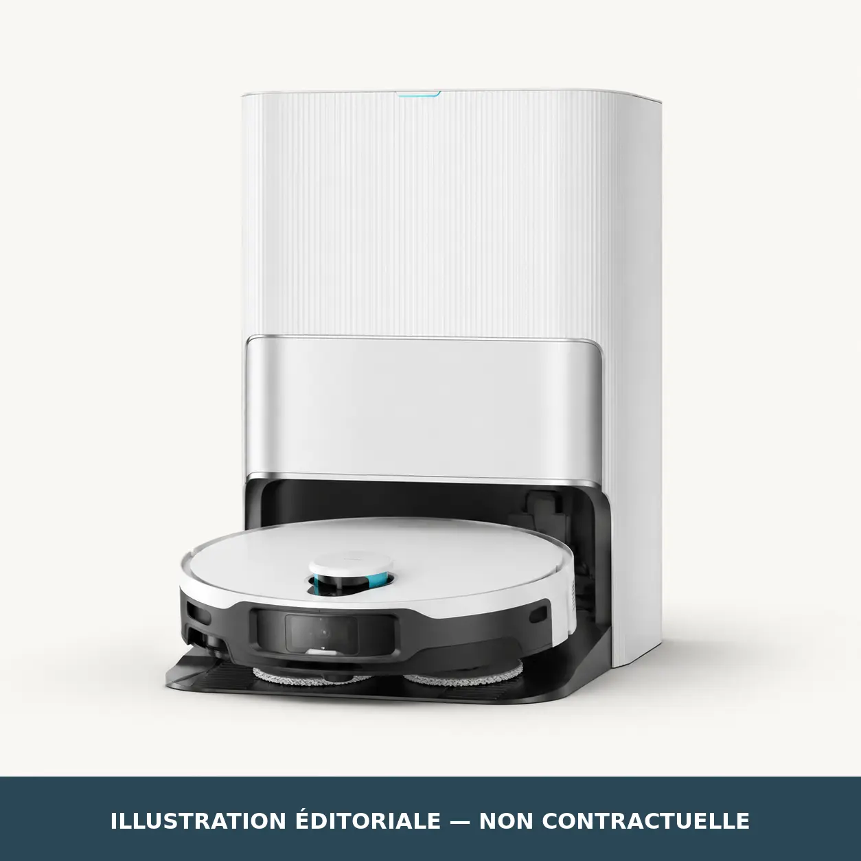 Illustration éditoriale non contractuelle d’un robot aspirateur-laveur rond blanc devant une station multifonction, évoquant le Dreame X50 Ultra Complete.