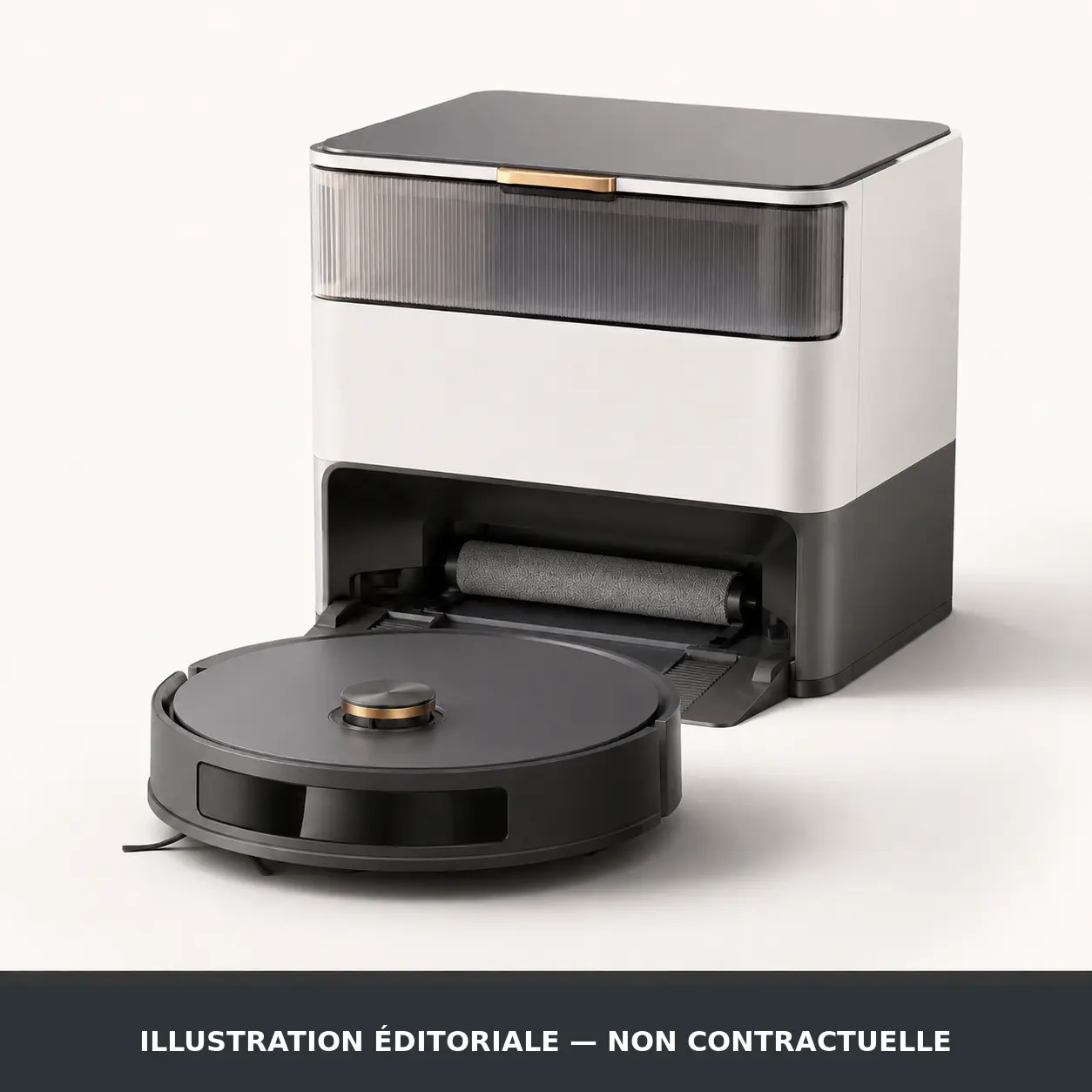 Illustration éditoriale non contractuelle d’un robot aspirateur-laveur graphite devant une station multifonction blanc perle, évoquant l’Ecovacs Deebot T80 Omni.