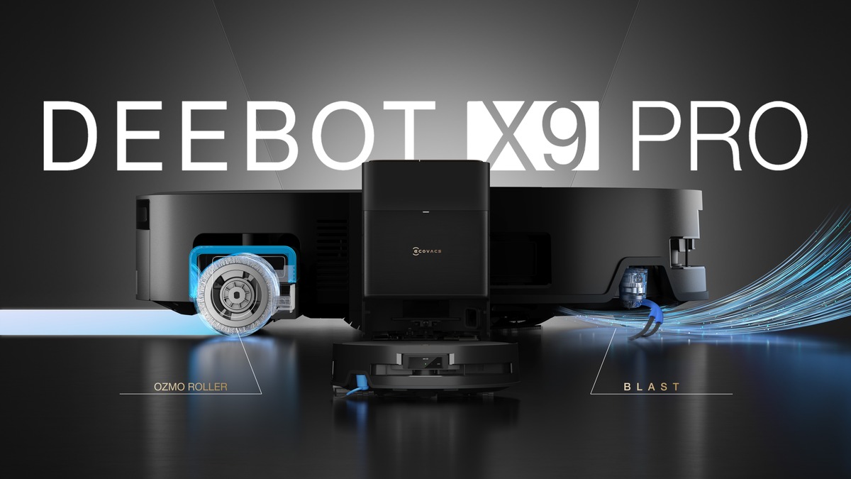 Ecovacs Deebot X9 Pro Omni avec sa station et son rouleau de lavage