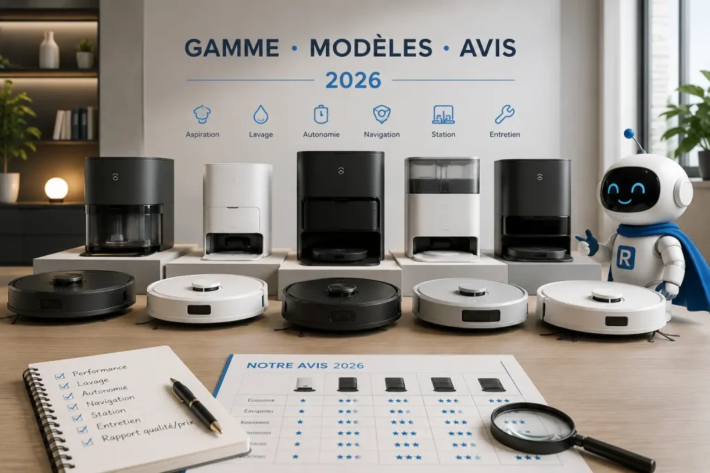 Vue éditoriale d’une gamme de robots aspirateurs et stations génériques, présentée selon plusieurs critères avec la mascotte RoboPure.