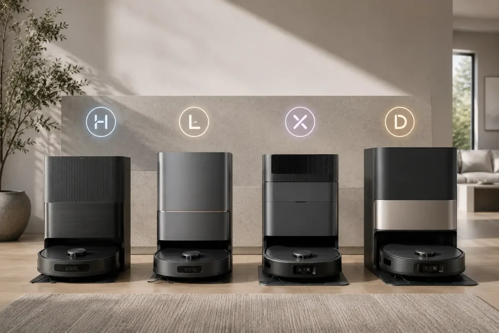Quatre robots aspirateurs laveurs avec leurs stations de nettoyage, présentés côte à côte dans un intérieur moderne pour illustrer le choix entre différentes gammes en 2026.