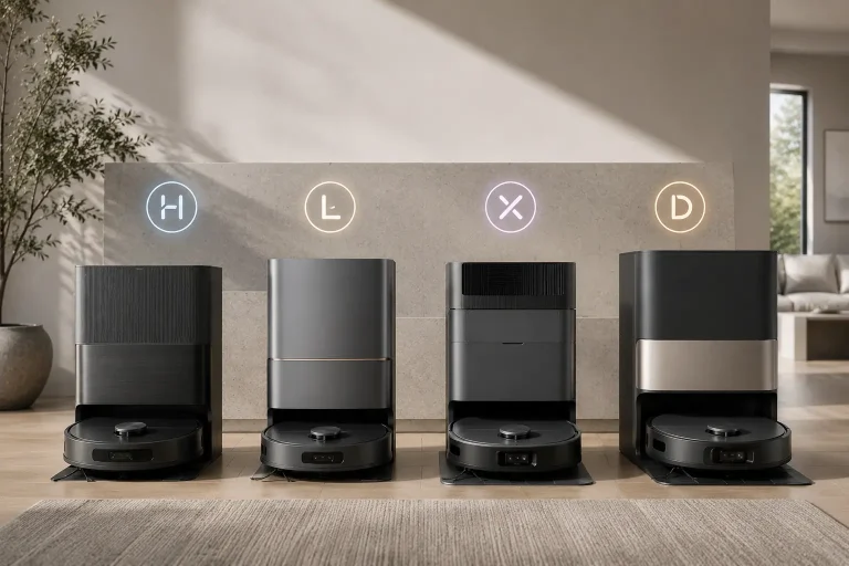 Quatre robots aspirateurs laveurs avec leurs stations de nettoyage, présentés côte à côte dans un intérieur moderne pour illustrer le choix entre différentes gammes en 2026.
