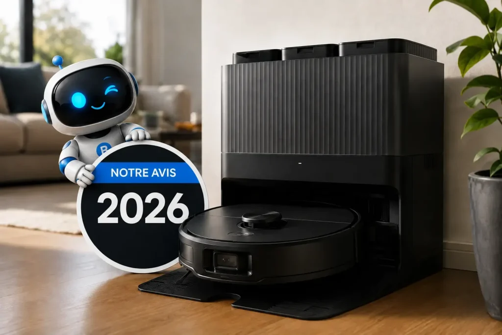 Robot aspirateur laveur noir avec station automatique dans un salon moderne, accompagné de la mascotte RoboPure et d’un badge « Notre avis 2026 ».