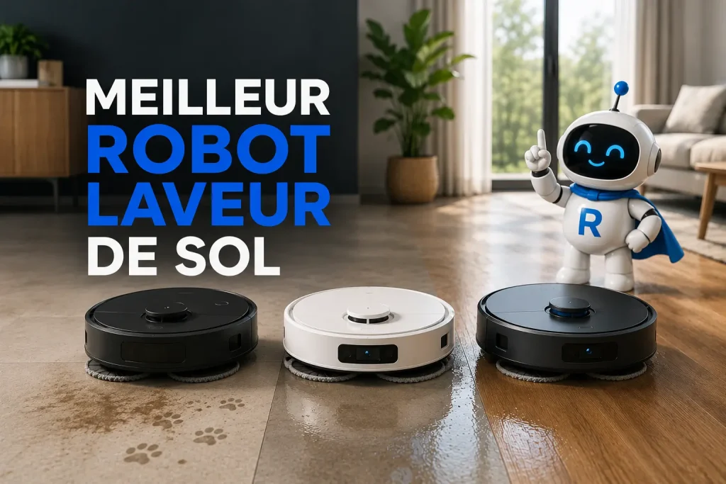 Sélection de robots laveurs de sol génériques avec la mascotte RoboPure dans un intérieur moderne, illustrant les meilleurs robots laveurs de sol.