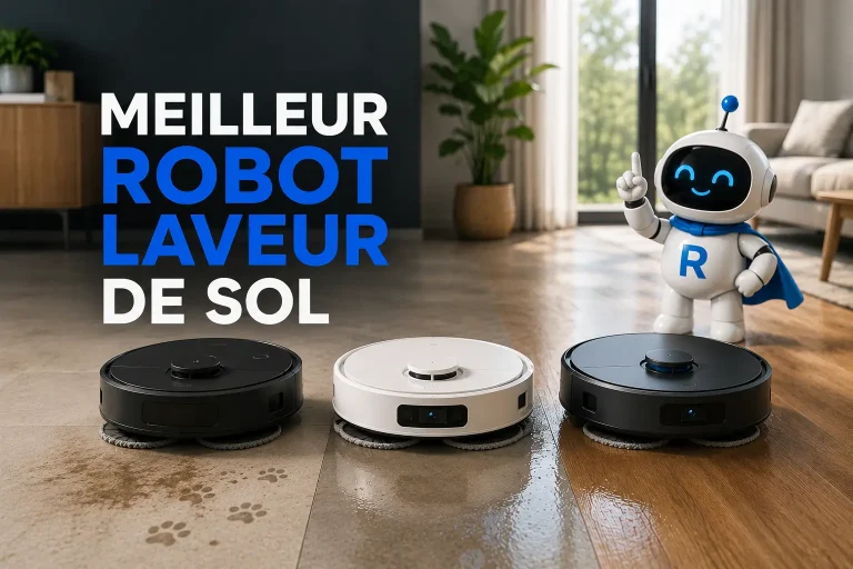 Sélection de robots laveurs de sol génériques avec la mascotte RoboPure dans un intérieur moderne, illustrant les meilleurs robots laveurs de sol.