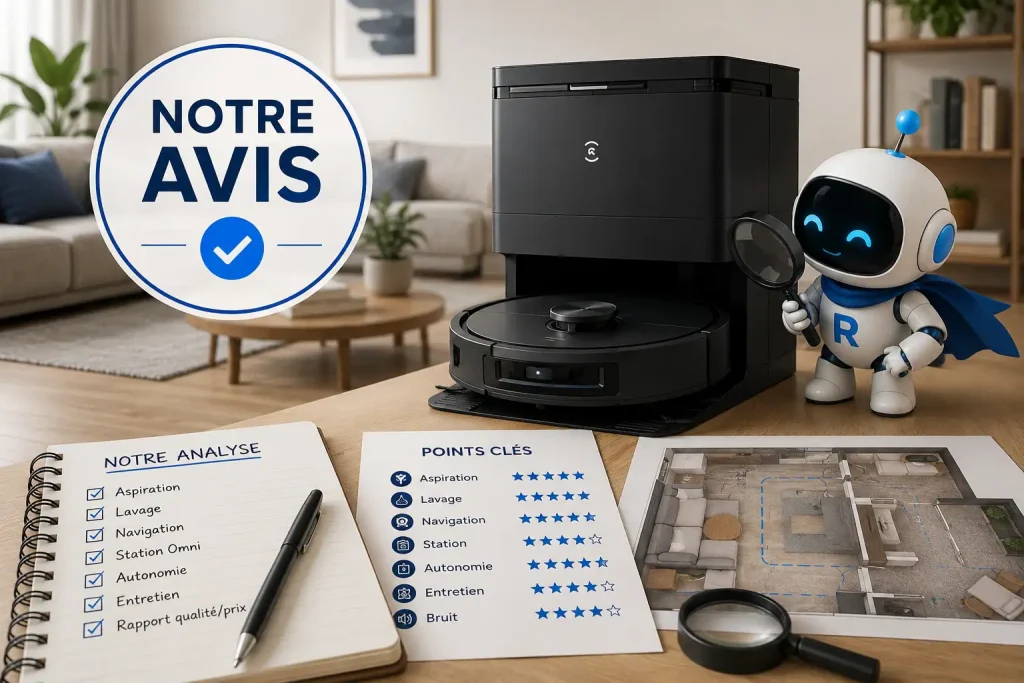Robot aspirateur avec station automatique présenté dans une analyse documentée RoboPure, avec carnet de test, critères clés et loupe.