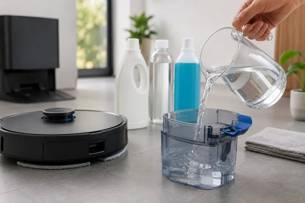 Remplissage du réservoir transparent d’un robot aspirateur laveur, avec plusieurs solutions de nettoyage génériques disposées à proximité.