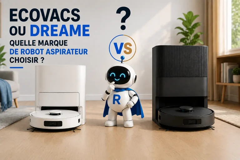 Comparatif entre deux marques de robots aspirateurs avec leurs stations automatiques et la mascotte RoboPure au centre.