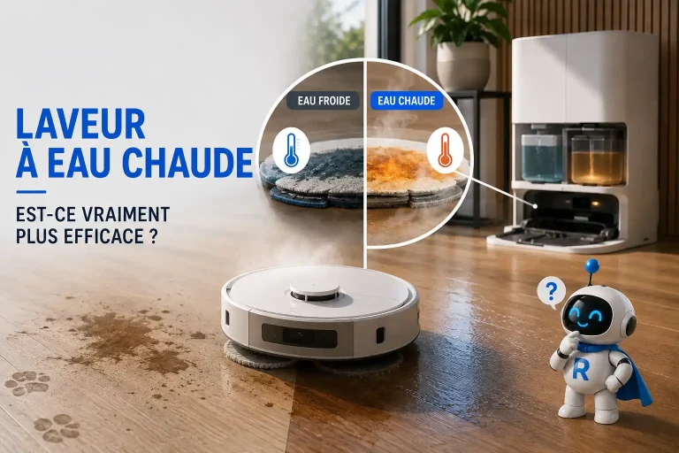 Robot aspirateur laveur à eau chaude avec comparaison du nettoyage à l’eau froide et à l’eau chaude dans un intérieur moderne.