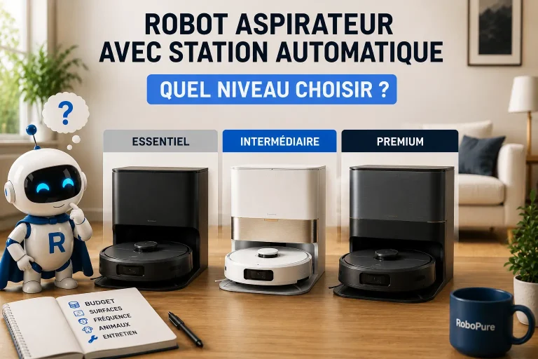 Comparatif des niveaux Essentiel, Intermédiaire et Premium d’un robot aspirateur avec station automatique.