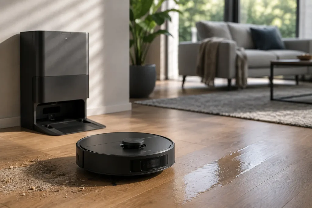Robot aspirateur laveur noir en test sur un parquet, entre poussières et traces humides, avec sa station automatique en arrière-plan dans un salon moderne.