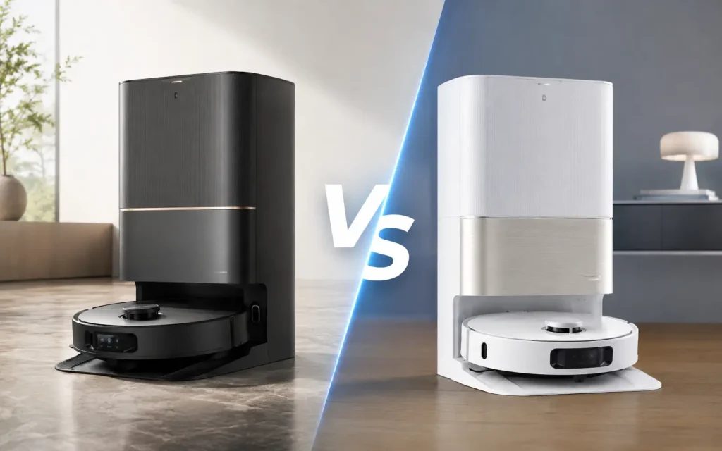 Comparaison éditoriale de deux robots aspirateurs laveurs premium avec stations automatiques, présentés face à face dans deux ambiances contemporaines contrastées.