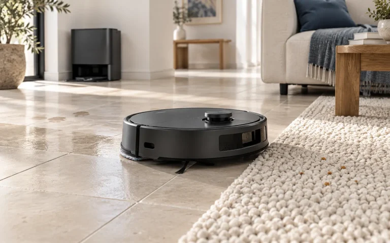 Robot aspirateur laveur sur un carrelage humide, au bord d’un tapis épais, avec sa station en arrière-plan.