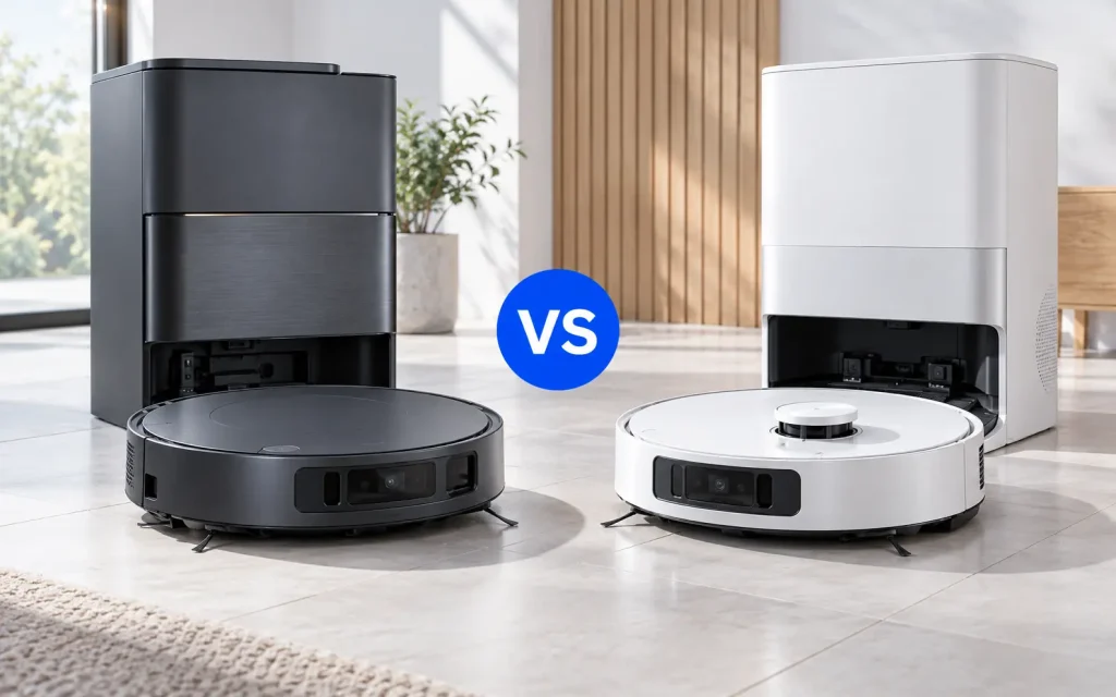Deux robots aspirateurs génériques, noir et blanc, avec leurs stations, séparés par un symbole « VS ».