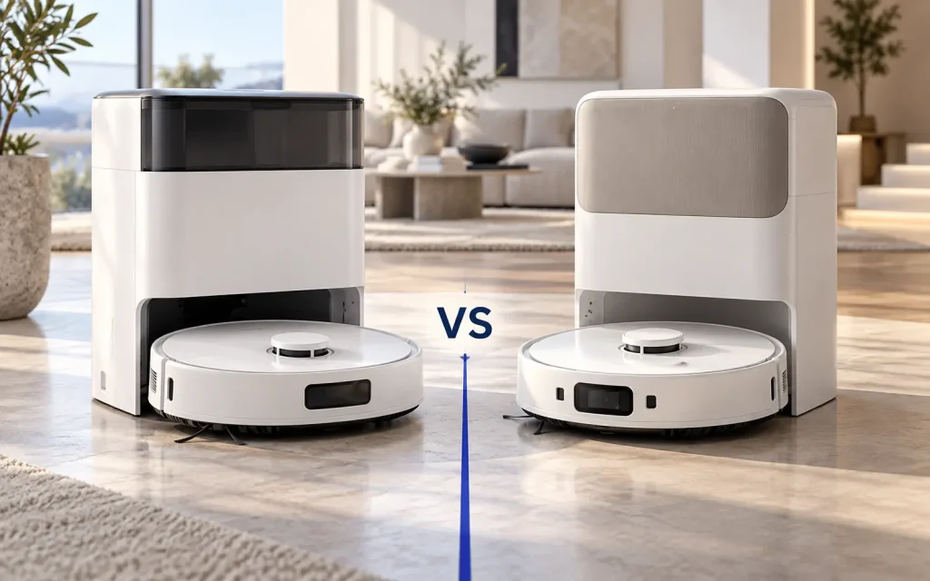 Illustration de deux robots aspirateurs blancs avec leurs stations automatiques, disposés côte à côte pour un comparatif.