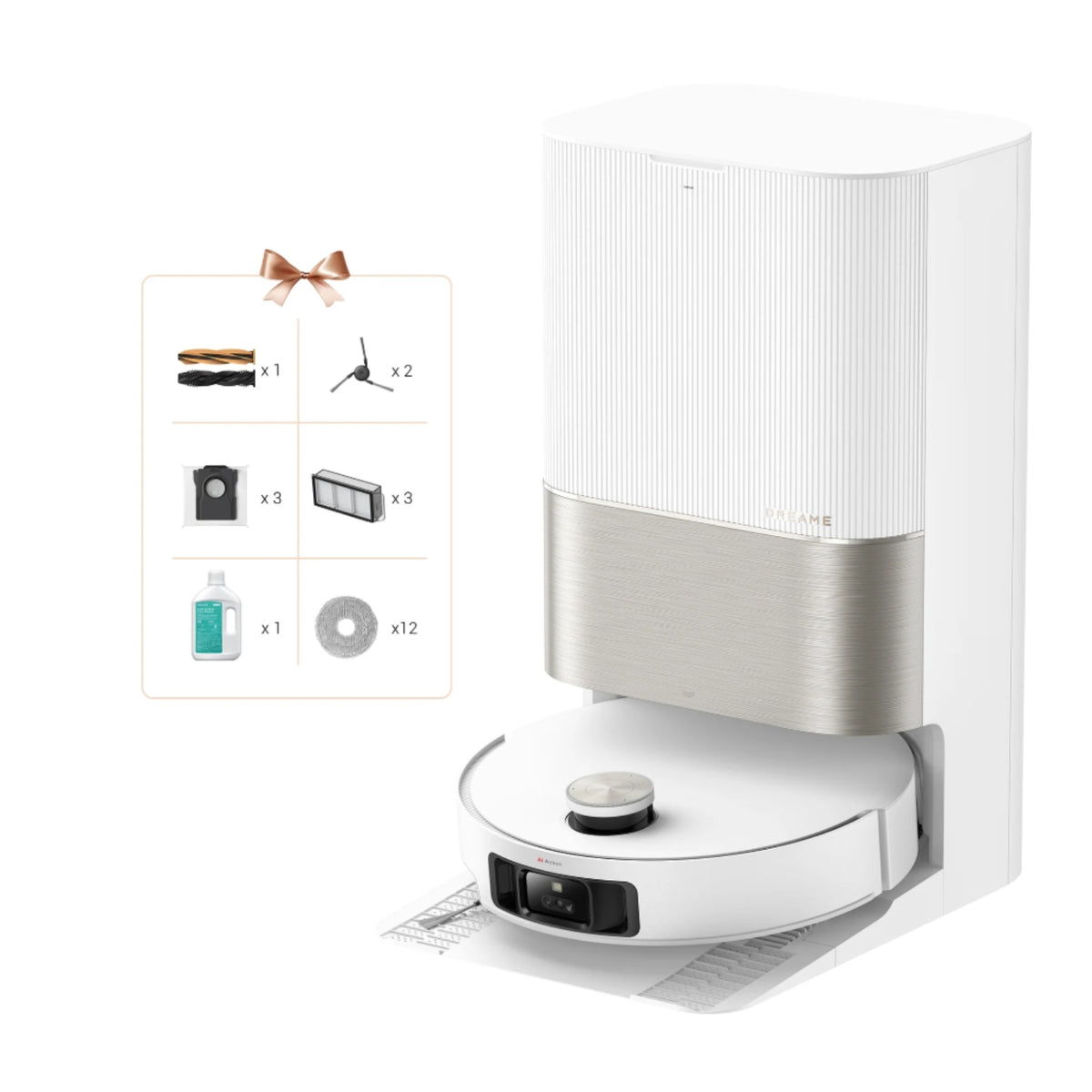Dreame X50 Ultra Complete blanc avec sa station et les accessoires présentés par le constructeur