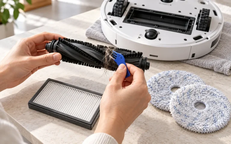 Nettoyage de la brosse d’un robot aspirateur, avec son filtre et deux serpillières en microfibre à côté.