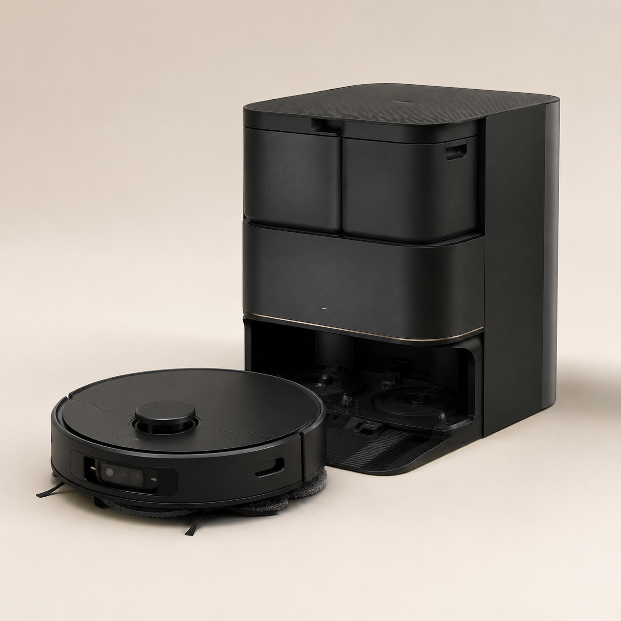 Illustration éditoriale non contractuelle d’un robot aspirateur-laveur noir avec grande station AutoWash, évoquant l’iRobot Roomba Max 775 Combo.