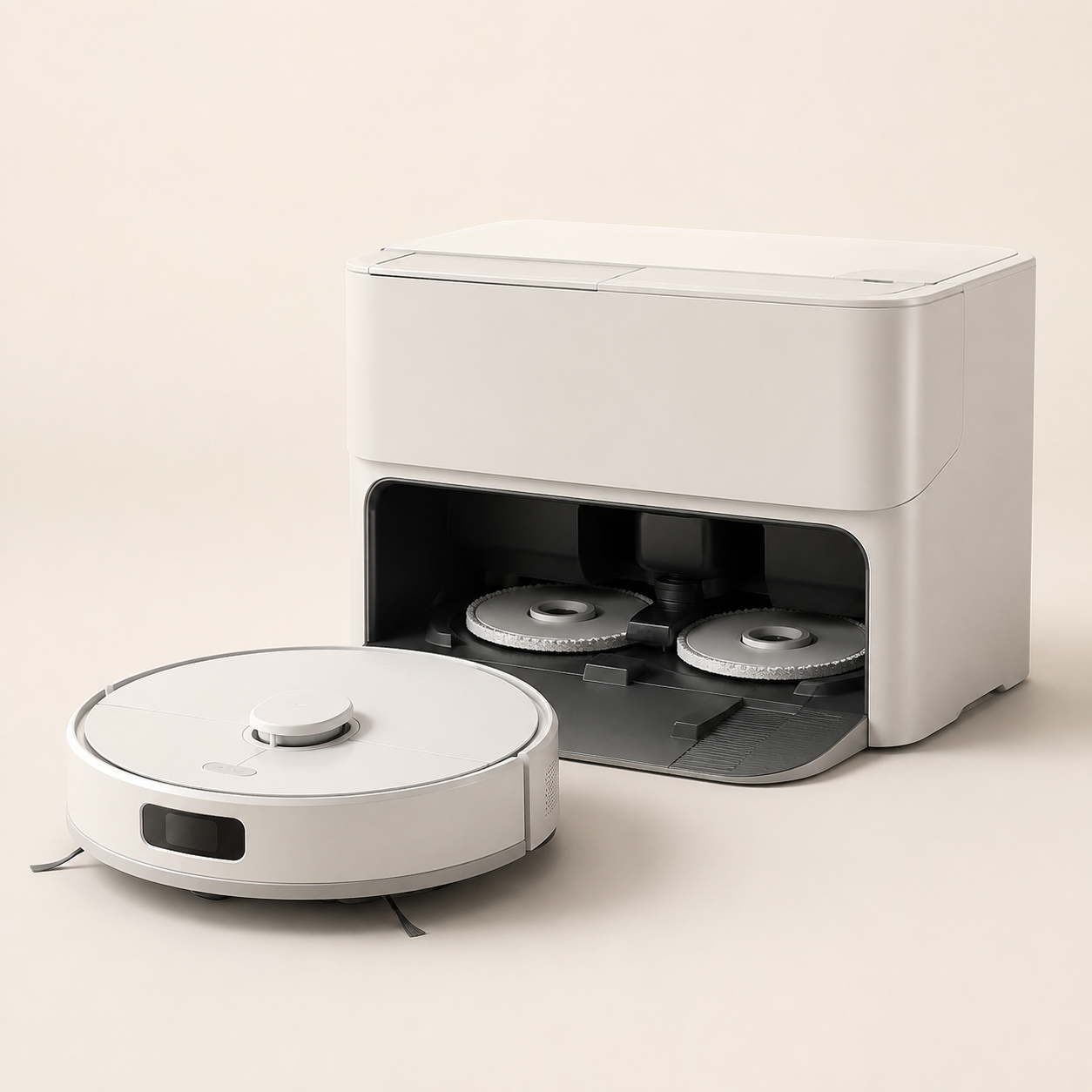 Illustration éditoriale non contractuelle d’un robot aspirateur-laveur blanc perle avec station AutoWash, évoquant l’iRobot Roomba Plus 575 Combo.