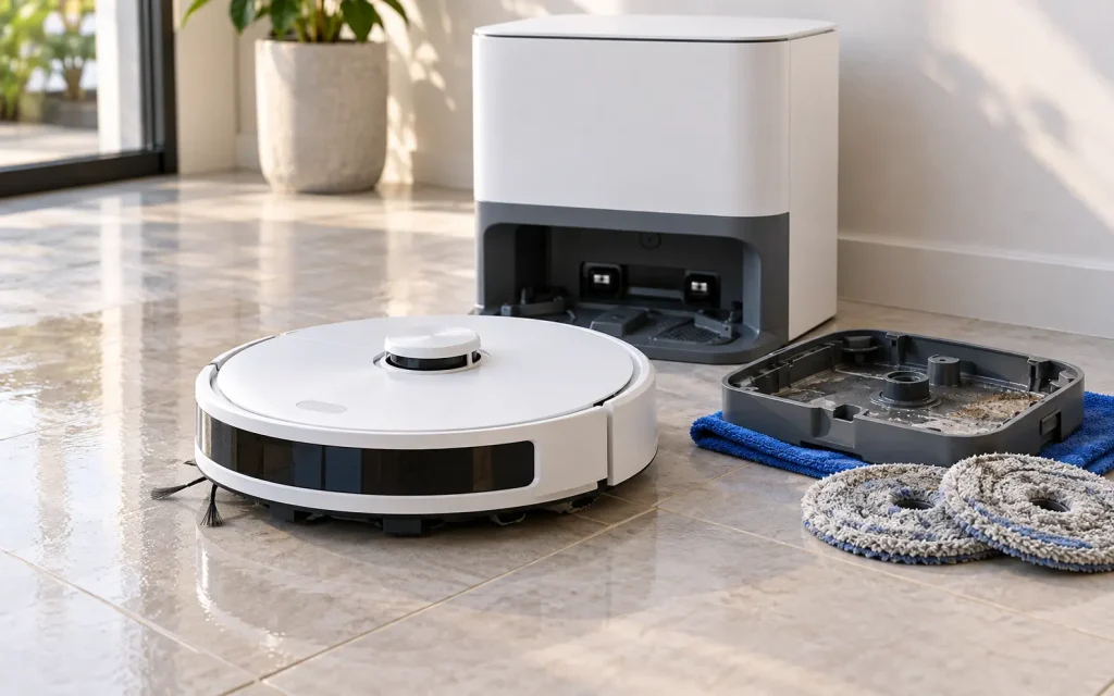 Illustration d’un robot aspirateur laveur avec sa station, un plateau de lavage à nettoyer et deux serpillières retirées.