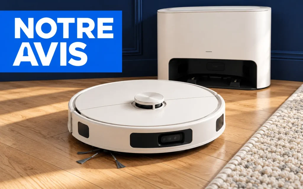 : Robot aspirateur laveur blanc et station automatique près d’un tapis, sur fond bleu nuit avec la mention « Notre avis ».