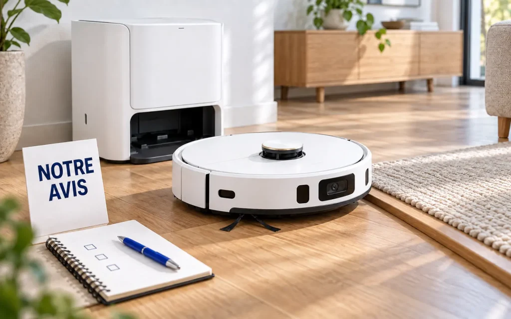 Robot aspirateur générique avec sa station, près d’un seuil et d’un tapis, accompagné d’un carnet d’évaluation.