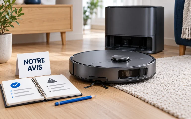 : Illustration d’un robot aspirateur avec sa station, accompagné d’un carnet évoquant ses points forts et ses limites.