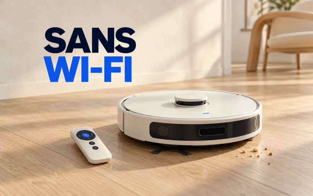 Robot aspirateur blanc et télécommande sur un parquet clair, avec la mention « Sans Wi-Fi ».